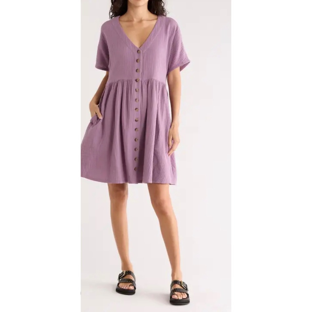 Madewell Lightspun Button-Front Mini Dress Purple Double Gauze Size XXS